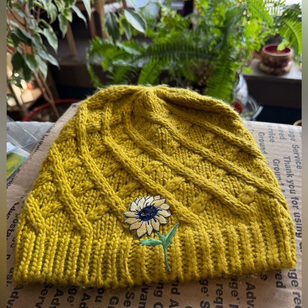 Yellow Beanie with Sunflower Design hand crafted